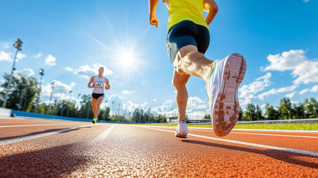Runner athlete running on racetrack on sunny day. Sport and healthy lifestyle.