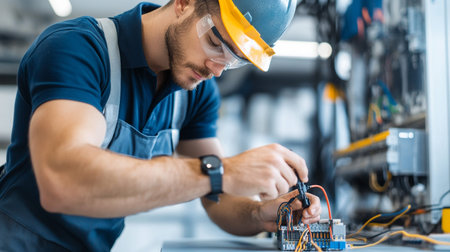 young male electrician in helmet and goggles working with circuit board at factory