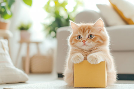 Cute little kitten with box on table at home. Adorable petの写真素材
