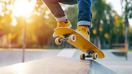 Skateboarder riding skateboard at skatepark.の写真素材