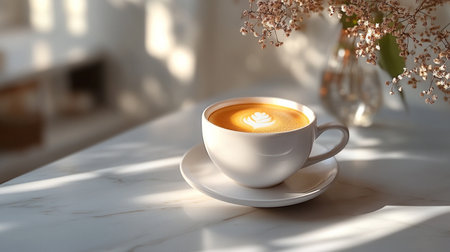 Cup of coffee on white marble table in morning sunlight, closeupの写真素材