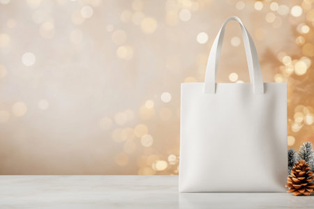 White shopping bag with christmas decoration on bokeh background.の写真素材