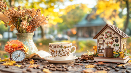 Coffee cup and clock on wooden table in the autumn gardenの写真素材