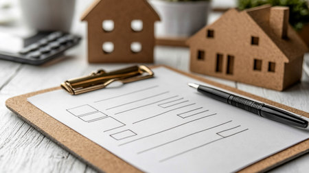 Home loan concept with house model, calculator, pen and notepadの写真素材
