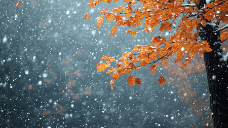 Beautiful autumn landscape with falling snow in the park. Indian summerの素材