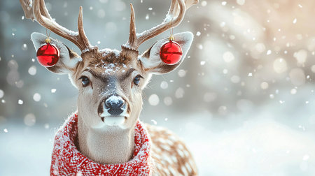 Christmas and New Year background with deer and snowflakes. Copy space.の素材