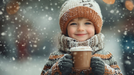 Adorable little boy with cup of hot chocolate outdoors on winter dayの素材