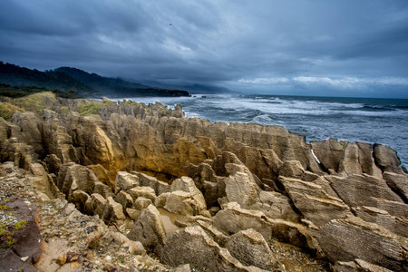 Scenic lookout at Pancake Rocks, New Zealandの写真素材