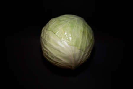 Head of white cabbage on black background. Fresh green round vegetable in darkness. Vegetarian raw food compositionの写真素材