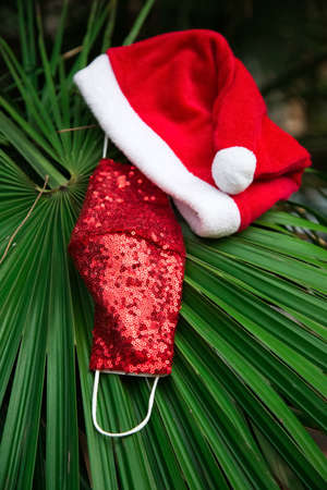 Red Christmas hat with white border, red protective medical sparkling mask on green palm leaf. Accessories for new year party 2021. Reusable covid protection. Safety kit for Xmas eve. New reality party. High quality photoの写真素材