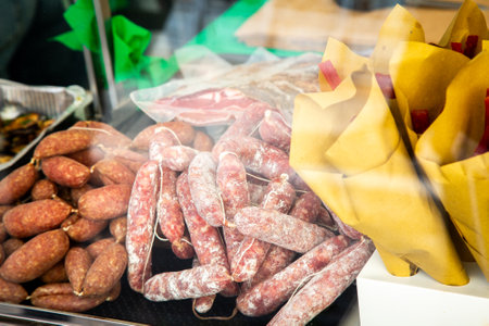 A variety of sausages are displayed in a glass caseの写真素材