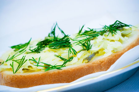 Sandwich on the plate with cheese, salted cucumber and dill with white clear background.の写真素材