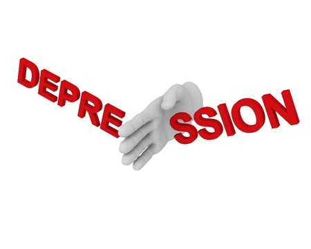 3d white human hand smashes the word depression 3d. White background.の写真素材