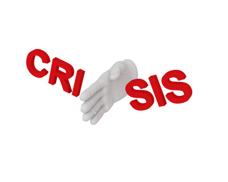 3d white human hand smashes the word crisis 3d. White background.の写真素材