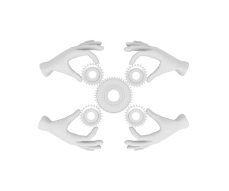 3d white human hand holds gear (cog). 3D illustration . White background.の写真素材