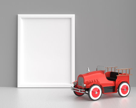 White Frame Mockup Vertical With Vintage Red Fire Truck Toy