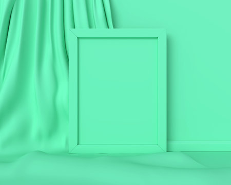 Green vertical frame mockup on a green fabric background abstract image. 3D render.