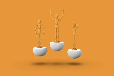 Three toy man of orange color on a sports abstract pedestal. Concept: winner, loser. 3D render.