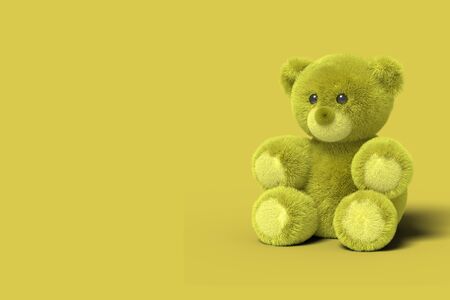 Yellow toy bear is sitting on the floor on a yellow background. Abstract image. Concept toys business. 3D render.の写真素材