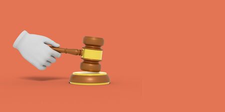 Cartoon hand is holding a judge's gavel. Illustration on color background. 3D-rendering.の写真素材