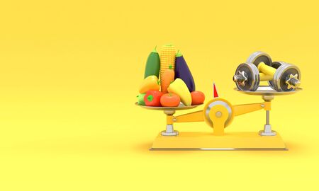 Fresh vegetables and dumbbells on different scales. Conceptual illustration with empty place for text. 3d renderingの写真素材