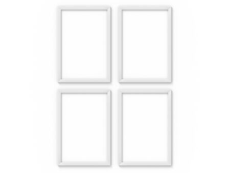 Set of 4 vertical A4 white simple picture frame. Mockup for photography. 3D renderingの写真素材