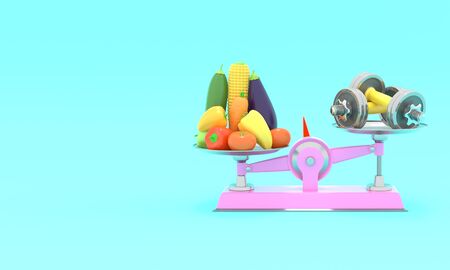 Fresh vegetables and dumbbells on different scales. Conceptual illustration with empty place for text. 3d renderingの写真素材