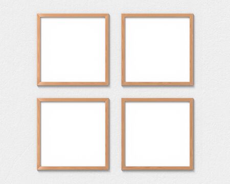 Set of 4 square wooden frames mockup hanging on the wall. Empty base for picture or text. 3D rendering.の写真素材