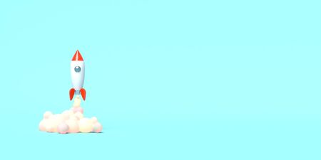 Toy rocket takes off from the books spewing smoke on a blue background. Symbol of desire for education and knowledge. School illustration. 3D rendering.の写真素材
