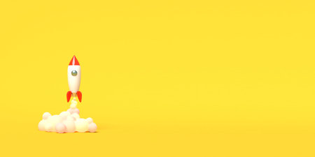 Toy rocket takes off from the books spewing smoke on a yellow background. Symbol of desire for...