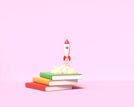 Toy rocket takes off from the books spewing smoke on a pink background. Symbol of desire for education and knowledge. School illustration. 3D rendering.の写真素材