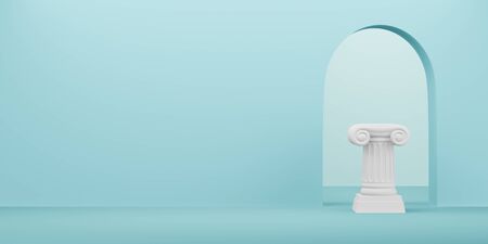 Abstract podium column on the background with arch. The victory pedestal is a minimalist concept. 3D rendering.の写真素材