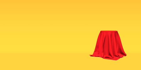 Podium, pedestal or platform covered with cloth on white background. Abstract illustration of simple geometric shapes. 3D rendering.の写真素材