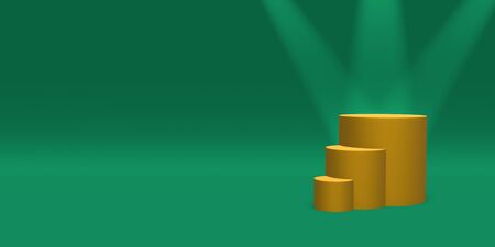 Podium, pedestal or platform gold color illuminated by spotlights on green background. Abstract illustration of simple geometric shapes. 3D rendering.の写真素材