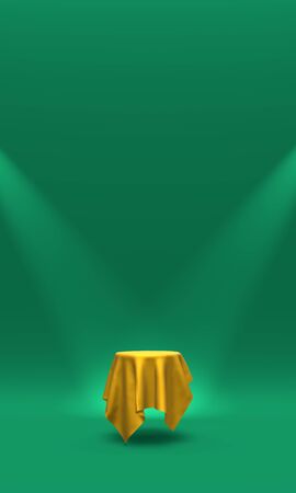Podium, pedestal or platform covered with cloth illuminated by spotlights on white background. Abstract illustration of simple geometric shapes. 3D rendering.の写真素材