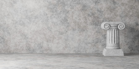 Antique column on the background of a concrete wall. 3D rendering.