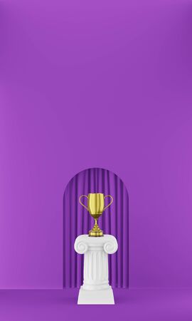 Abstract podium column with a golden trophy on the background with arch. The victory pedestal is a minimalist concept. 3D rendering.の写真素材