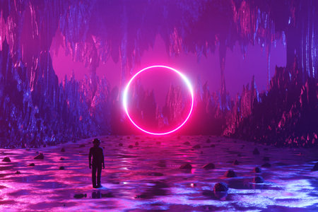 A man, an astronaut, stands on the surface of an alien planet and looks at a circle of neon....