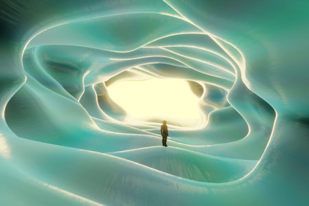 A man-astronaut stands in a cave on the surface of an alien planet. Silhouette against the backdrop...