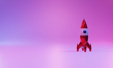 A toy rocket on a bright background illuminated by a neon color. 3d renderingの写真素材
