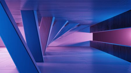 3d rendering sci-fi interior, simple geometric shapes. Landscape of a fantastic alien city. Futuristic metal abstract background, neon light. Modern podium concept.の写真素材
