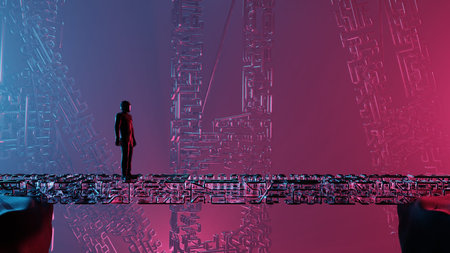 3d rendering sci-fi interior. A man, an astronaut stands surrounded by metal pipes. Landscape of a...