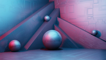 3d rendering sci-fi interior, simple geometric shapes. Landscape of a fantastic alien city....