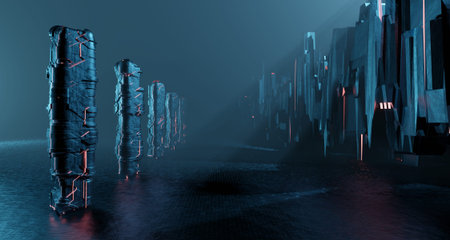 Sci-fi dark landscape metal block fantastic street house. Surreal alien apocalypse concept. 3D...