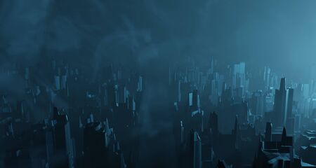 Sci-fi night landscape fantastic city light blue neon glow top view. Surrealistic concept of alien architecture apocalypse. 3D renderingの写真素材