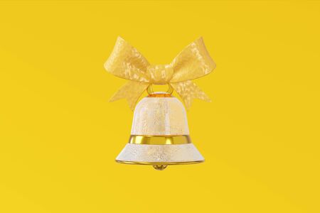 Christmas bell glass ice frosty texture decorated gold hanging ribbon. Graceful toy concept design yellow background. Elegant jewelry symbol new year. 3D renderingの写真素材