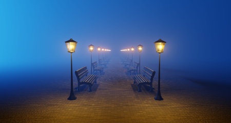 Night park blue fog alley bench lantern. Surrealistic cartoon minimalistic scene lonely, empty. Cinematic light glowing smoke. 3D renderingの写真素材