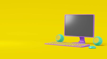 Computer cartoon style on a yellow background. Realistic concept toy monitor, speaker, keyboard purple green illustration. 3D renderingの写真素材