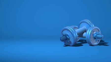 Two metal dumbbells. Equipment for sports, fitness. Stylish minimal abstract horizontal scene, place for text. Trendy classic blue color. 3D renderingの写真素材