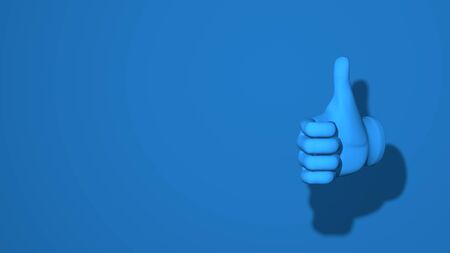 Hand thumb up. Illustration gesture like, success, victory. Stylish minimal abstract horizontal scene, place for text. Trendy classic blue color. 3D renderingの写真素材